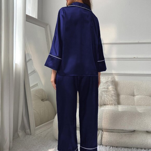 Women's synthetic silk pajama set with long sleeves for home wear - Picture 6 of 6